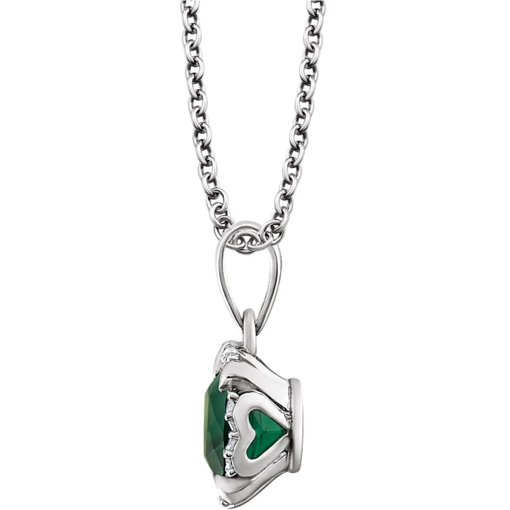 14k White Gold Created Emerald & .05 CTW Diamond 18" Necklace