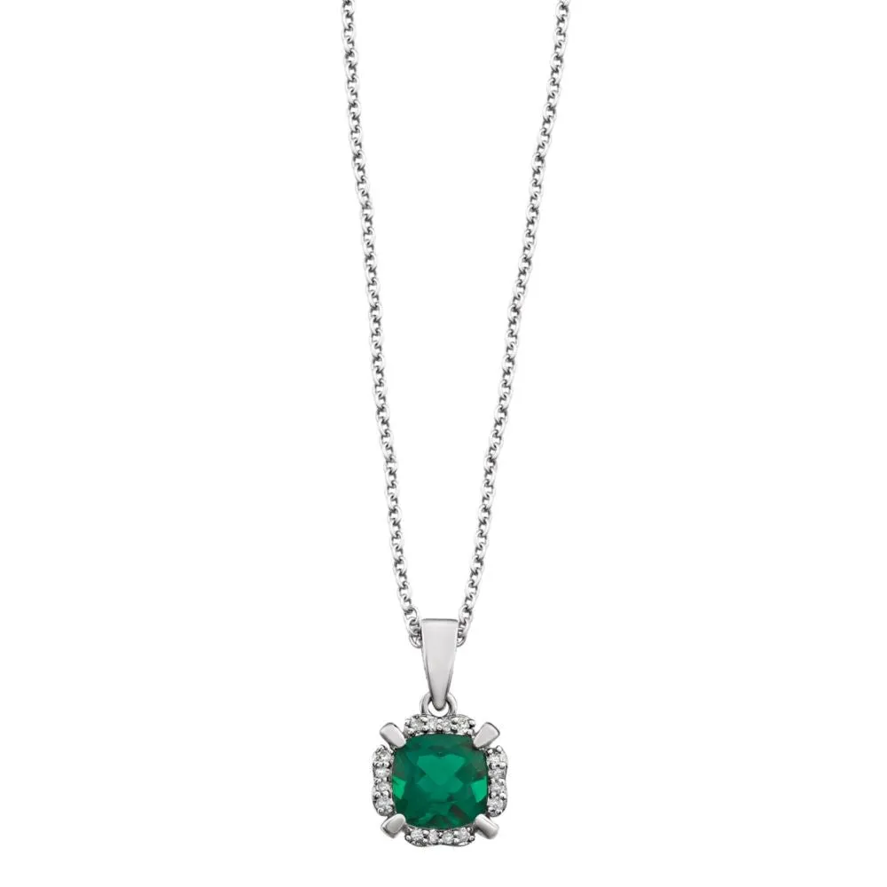 14k White Gold Created Emerald & .05 CTW Diamond 18" Necklace