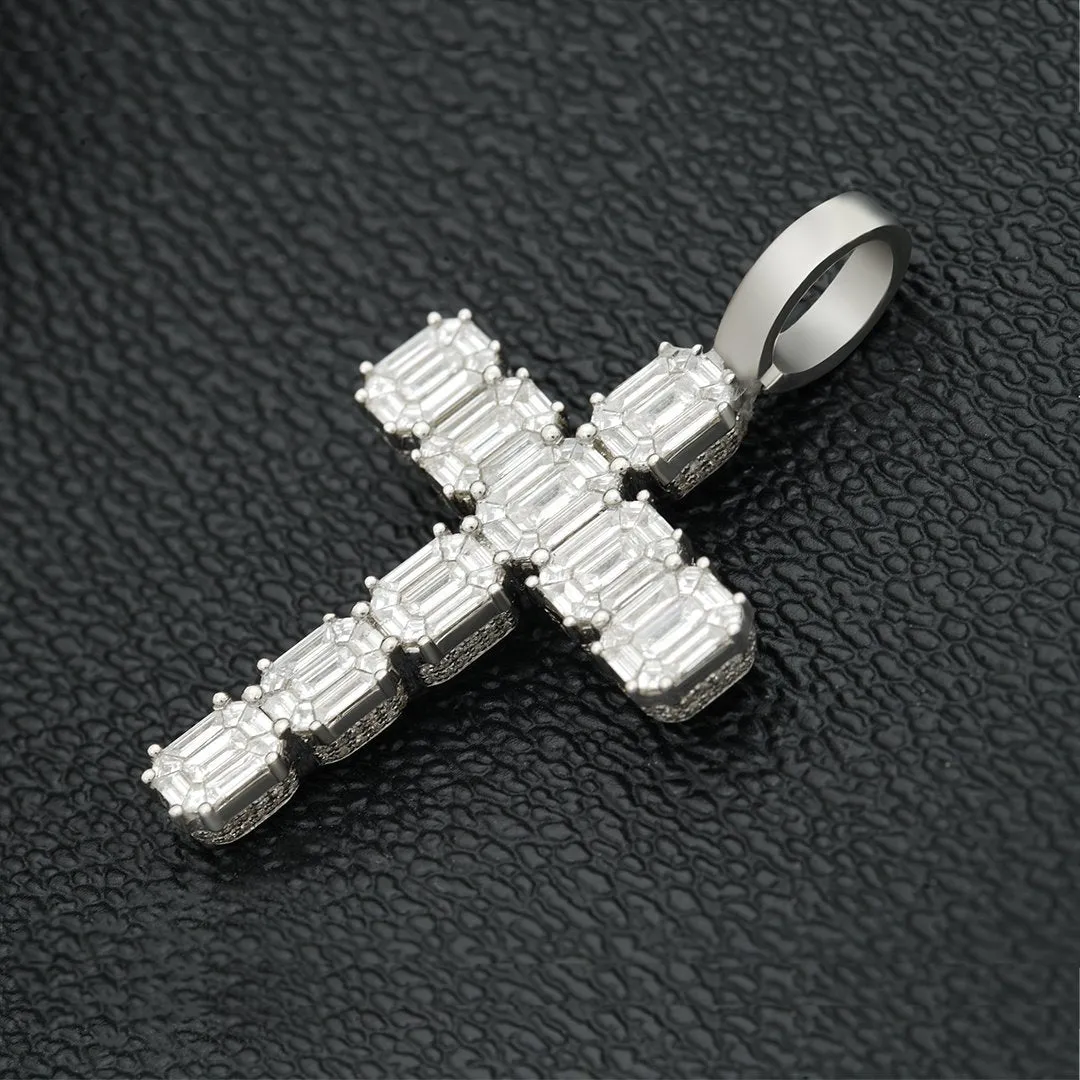 14k White Gold Diamond Emerald Cross 5.5 Ctw