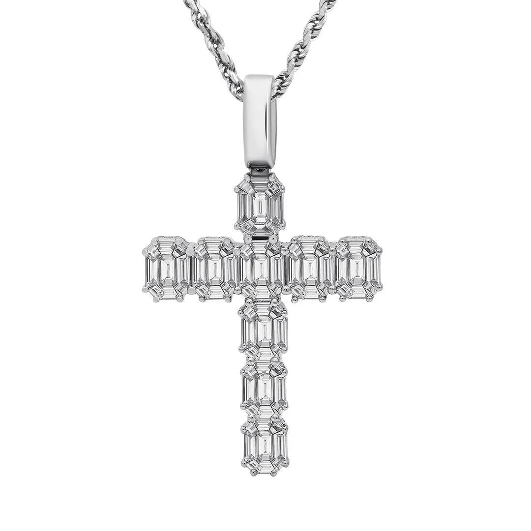 14k White Gold Diamond Emerald Cross 5.5 Ctw