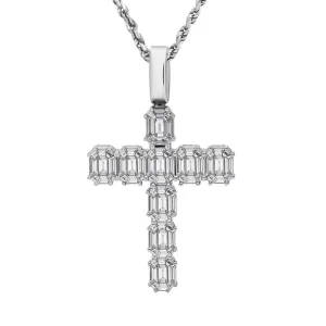 14k White Gold Diamond Emerald Cross 5.5 Ctw