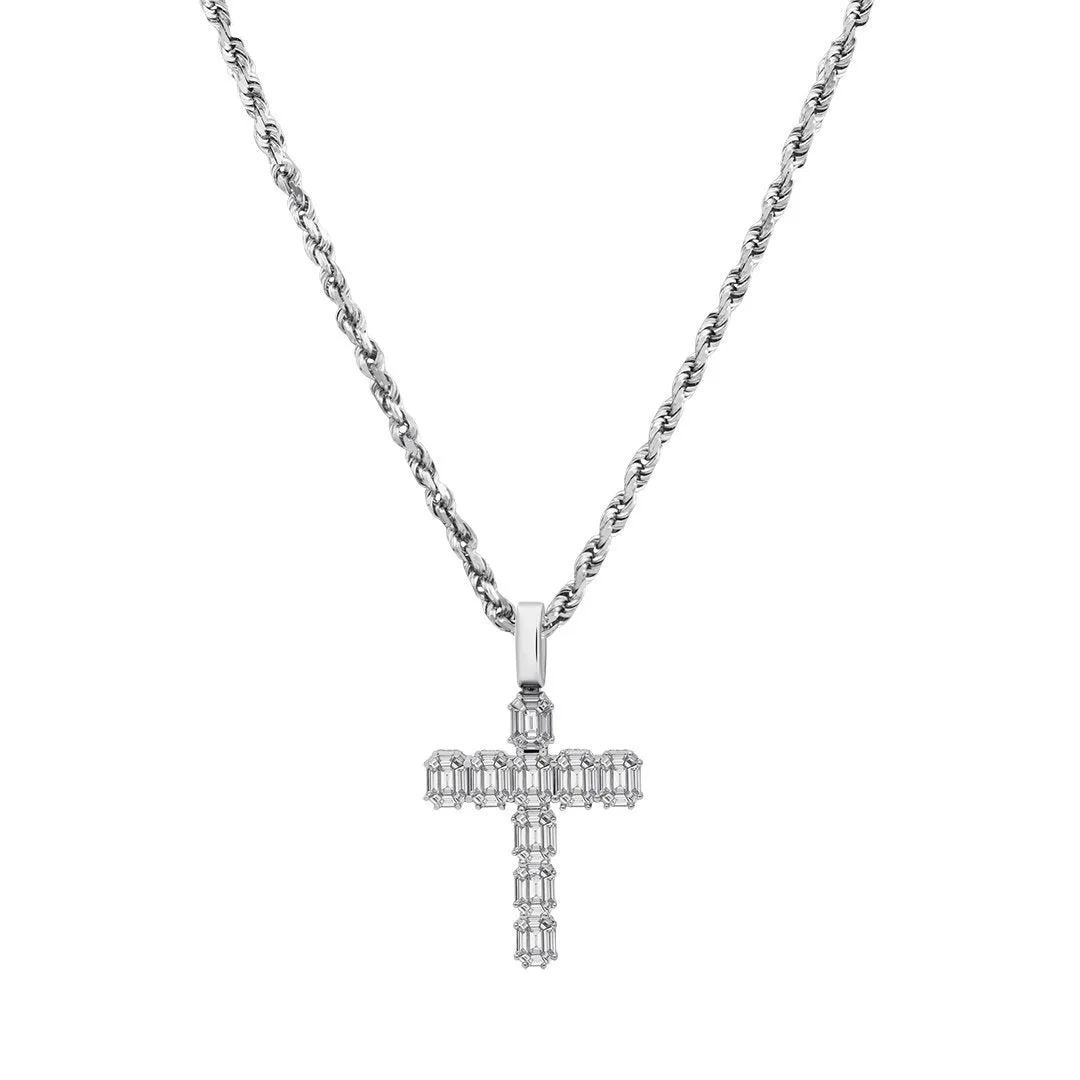 14k White Gold Diamond Emerald Cross 5.5 Ctw