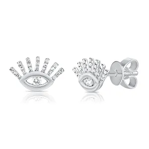 14K White Gold Diamond Evil Eye Stud Earrings