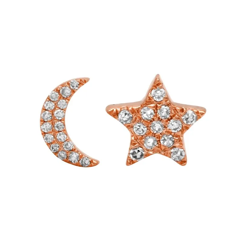 14K White Gold Diamond Moon   Star Stud Earrings