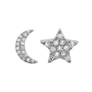 14K White Gold Diamond Moon   Star Stud Earrings