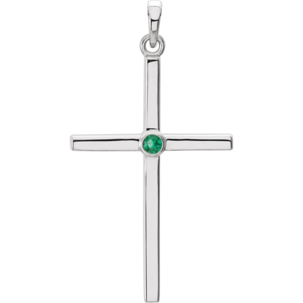 14k White Gold Emerald Cross 30.55x16.55mm Pendant