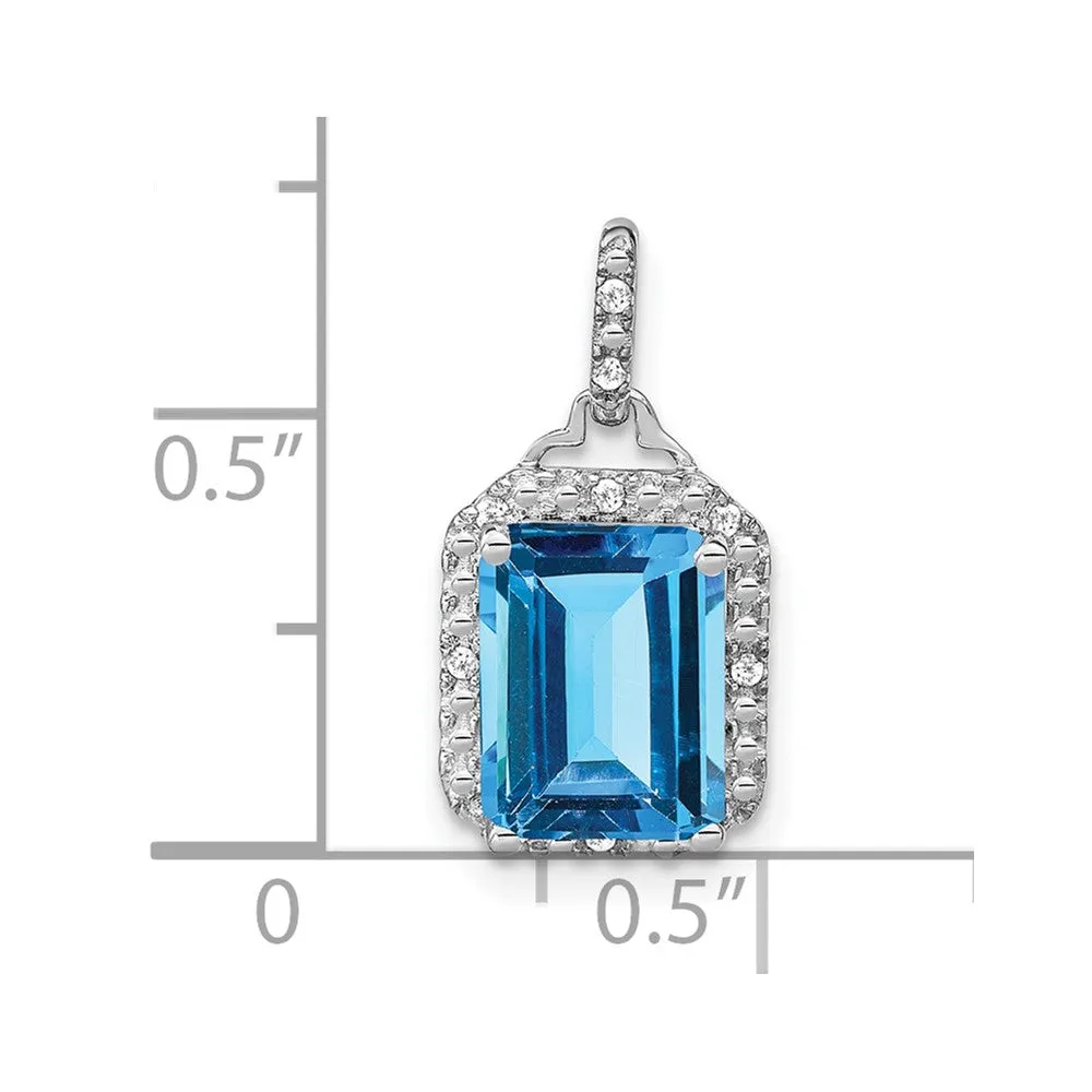 14k White Gold Emerald-cut Blue Topaz and Diamond Halo Pendant