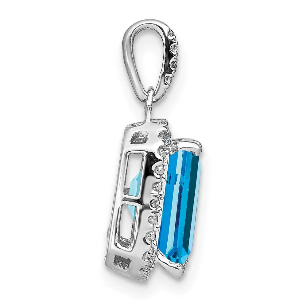 14k White Gold Emerald-cut Blue Topaz and Diamond Halo Pendant