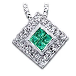 14k White Gold Genuine Emerald and Diamond Necklace