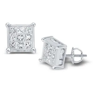 14K White Gold Princess Diamond Cluster Stud Earrings 1/2 Cttw