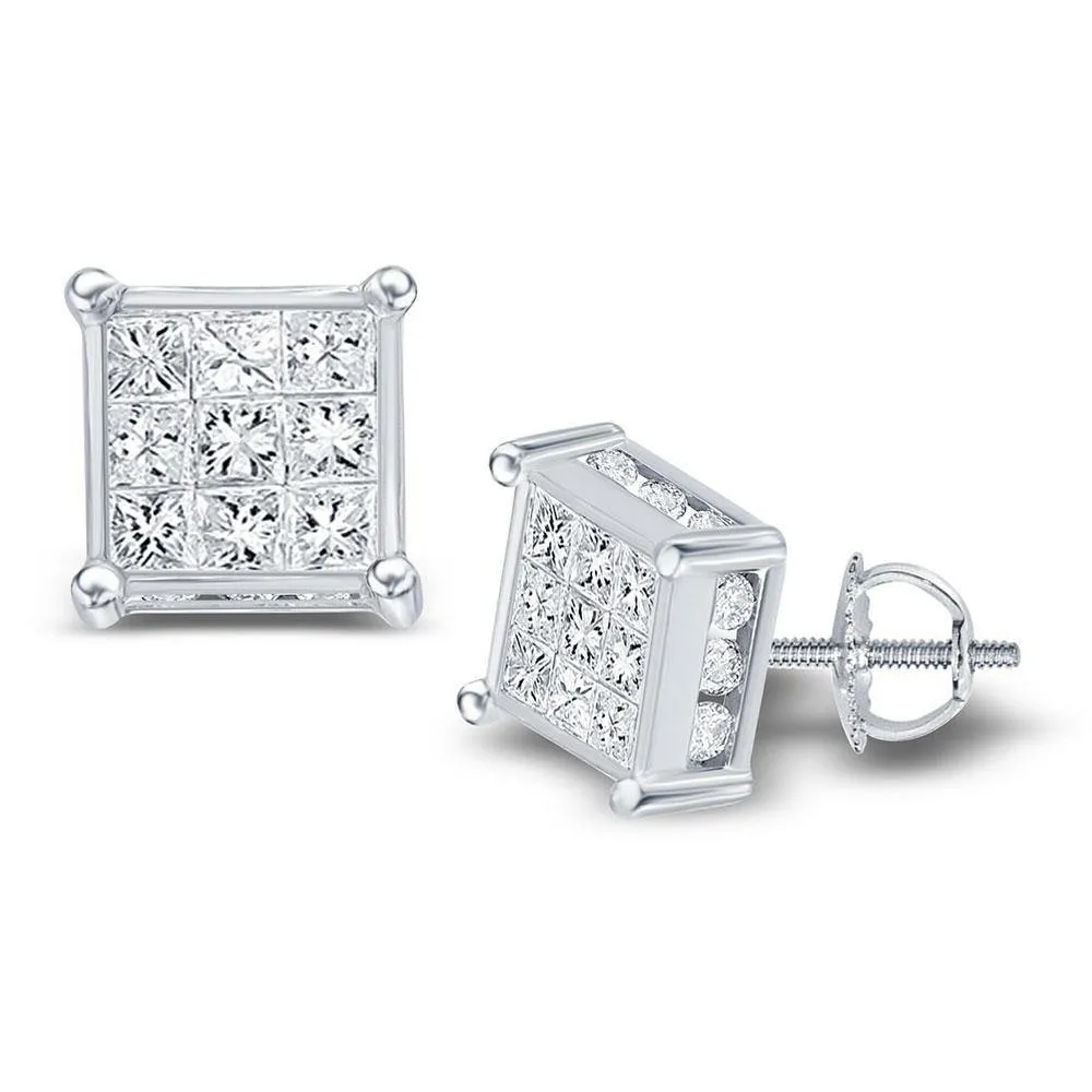 14K White Gold Princess Diamond Cluster Stud Earrings 1/2 Cttw