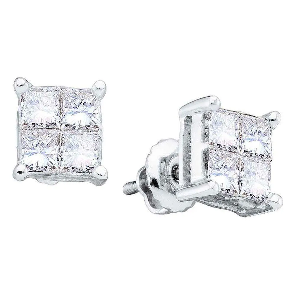 14K White Gold Princess Diamond Invisible-set Screwback Stud Earrings 1/2 Cttw