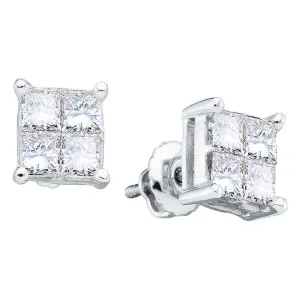 14K White Gold Princess Diamond Invisible-set Screwback Stud Earrings 1/2 Cttw