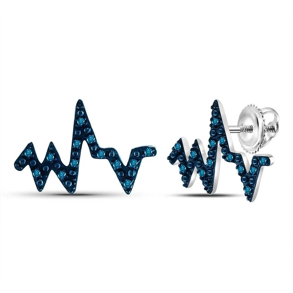 14K White Gold Round Blue Color Enhanced Diamond Heartbeat Stud Earrings