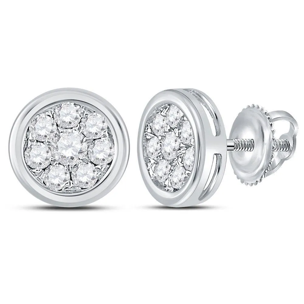 14K White Gold Round Diamond Circle Cluster Stud Earrings 1/2 Cttw