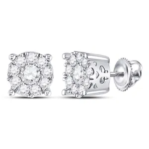 14K White Gold Round Diamond Cluster Stud Earrings 1.00 Cttw