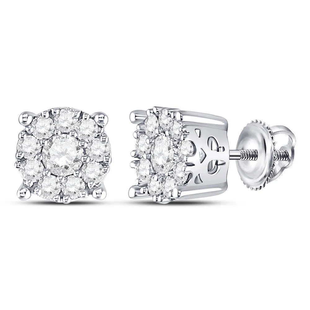 14K White Gold Round Diamond Cluster Stud Earrings 1.00 Cttw