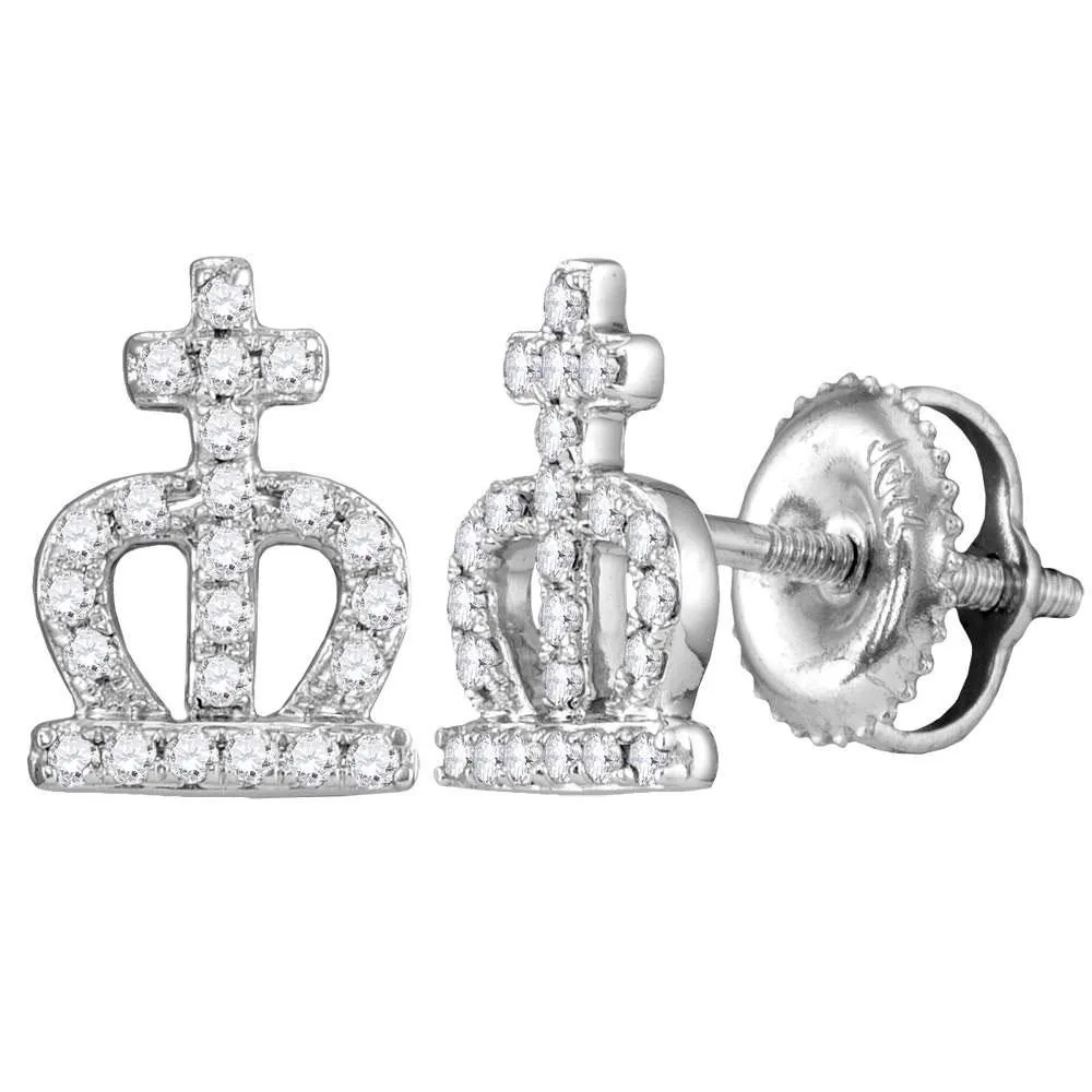 14K White Gold Round Diamond Crown Cross Stud Earrings 1/5 CTTW