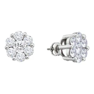 14K White Gold Round Diamond Flower Cluster Screwback Stud Earrings 2.00 Cttw