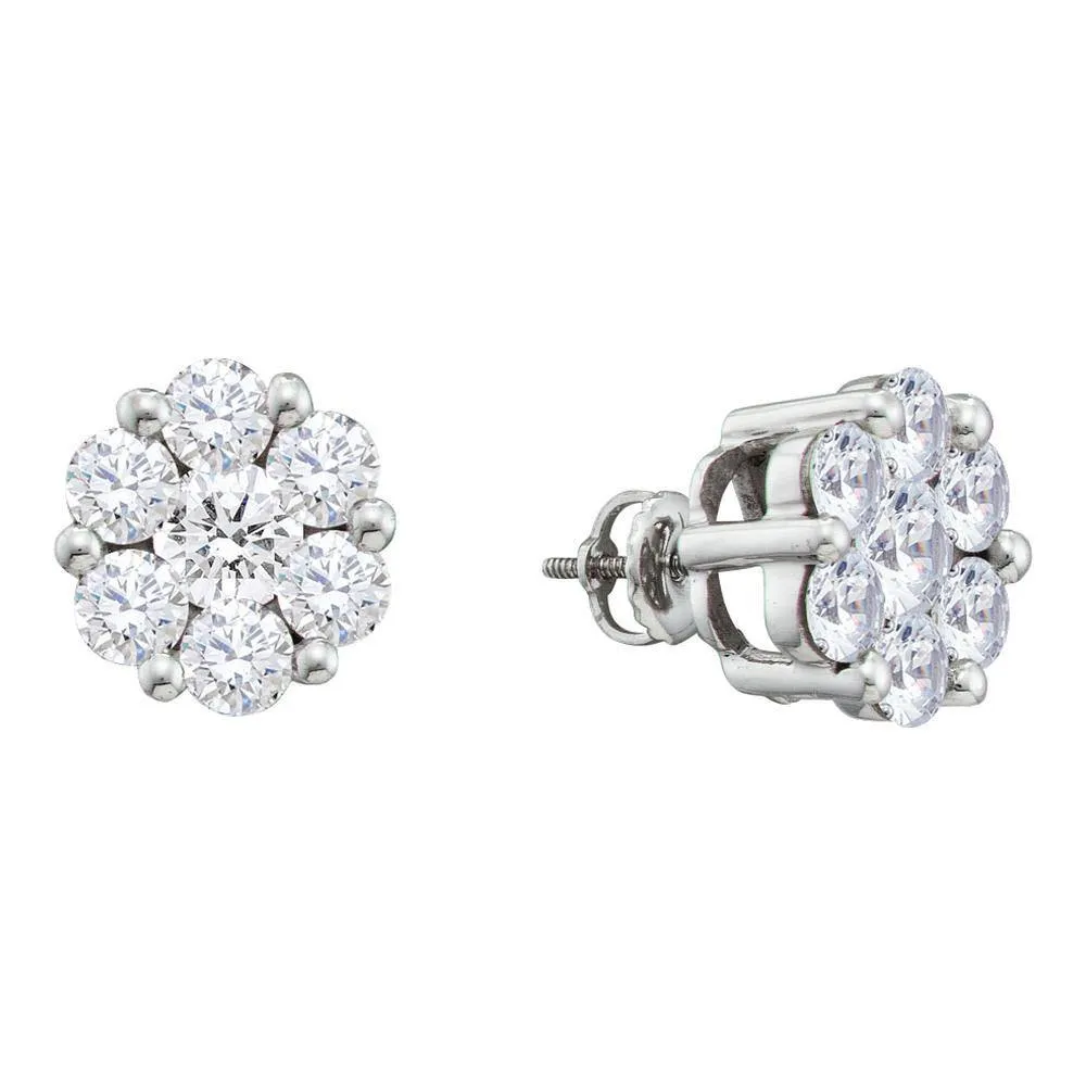 14K White Gold Round Diamond Flower Cluster Screwback Stud Earrings 2.00 Cttw