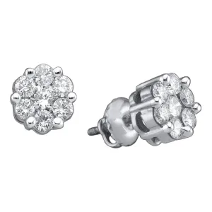 14K White Gold Round Diamond Flower Cluster Stud Earrings 1/2 Cttw