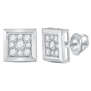 14K White Gold Round Diamond Square Cluster Stud Earrings 1/2 Cttw