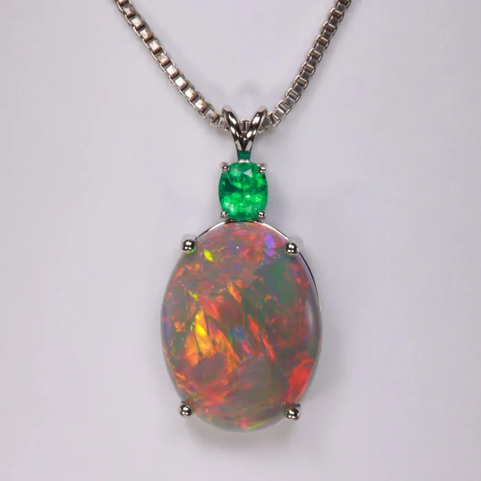 14K White Gold Semi-Black Opal and Emerald Pendant 16.75 Carats