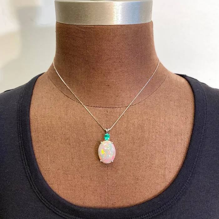 14K White Gold Semi-Black Opal and Emerald Pendant 16.75 Carats