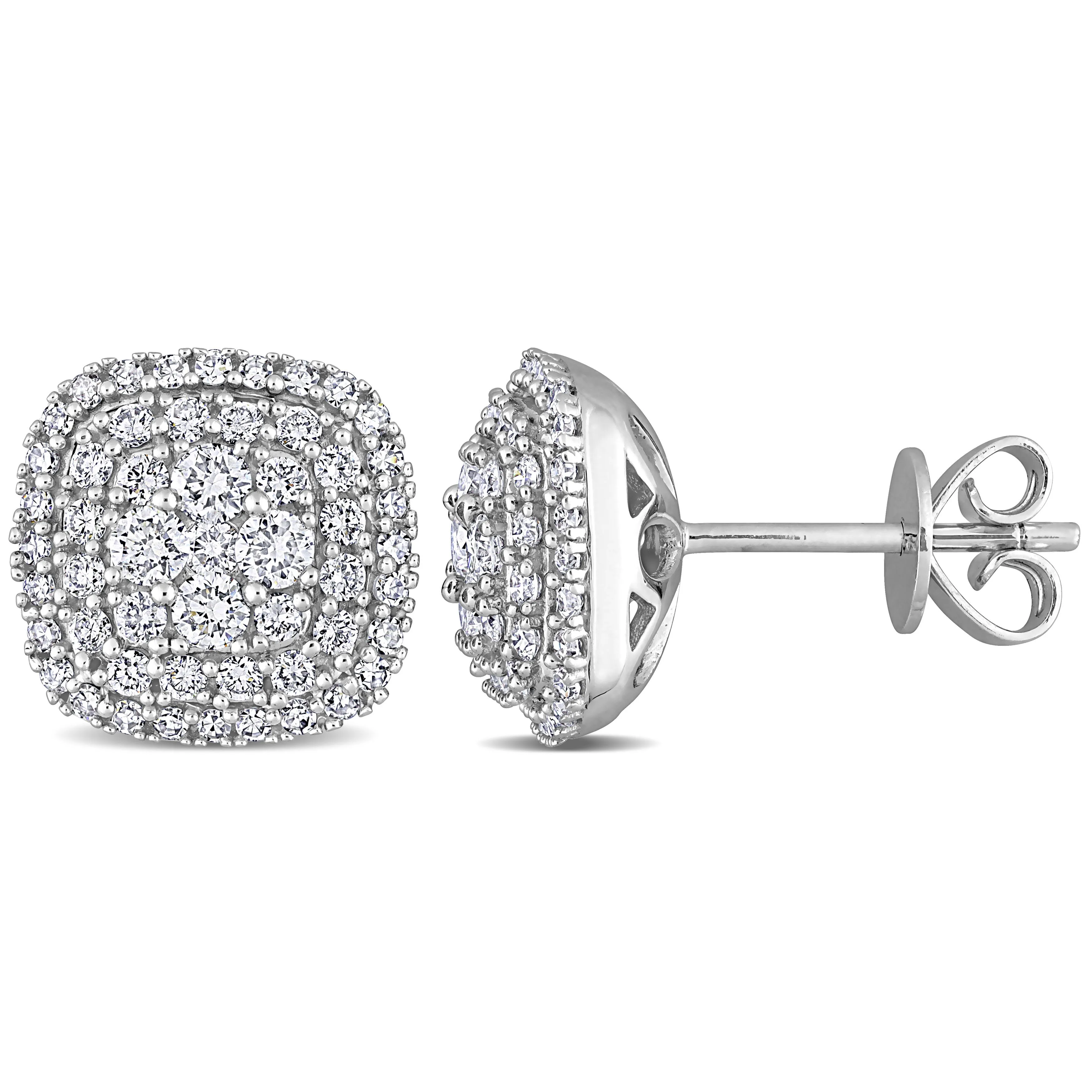 14K White Gold Square Halo Stud Earrings