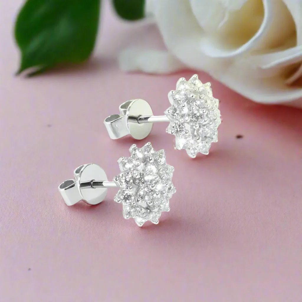 14k White Gold Sunflower Halo CVD Lab Diamond Stud Earrings