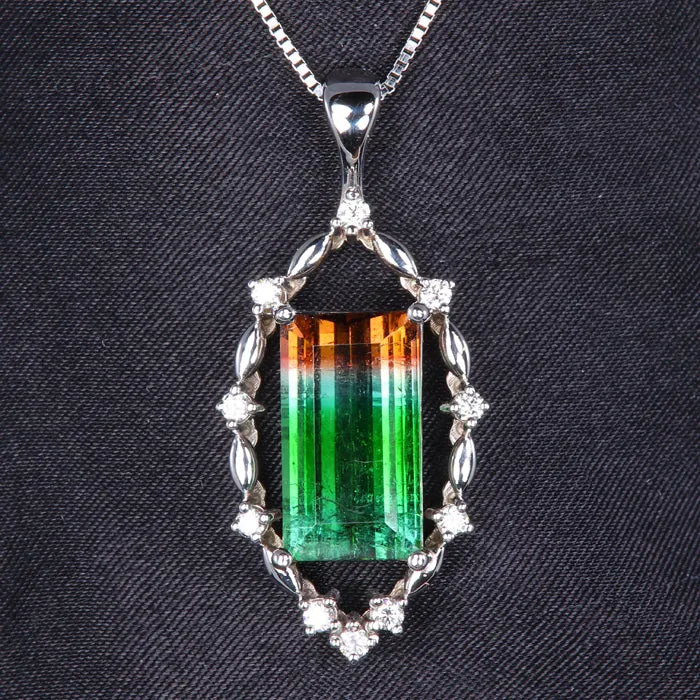 14K White Gold Tri-Color Tourmaline Gemstone Pendant 7.43 Carats