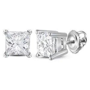14K White Gold Unisex Princess Diamond Solitaire Stud Earrings 1-3/8 Cttw
