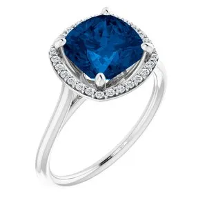 14K White Lab-Grown Blue Sapphire & 1/6 CTW Diamond Ring