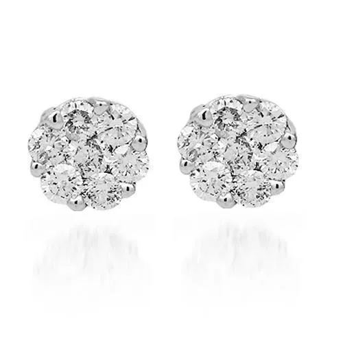14K White Solid Gold Cluster Diamond Stud Earrings 1.03 Ctw