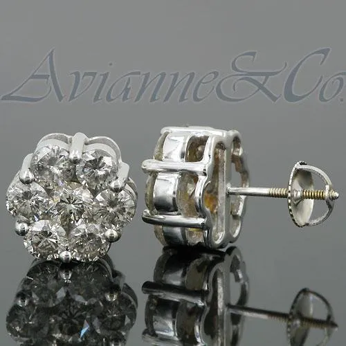 14K White Solid Gold Cluster Diamond Stud Earrings 4.65 Ctw