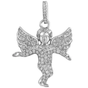 14K White Solid Gold Diamond Angel Pendant 1.00 Ctw