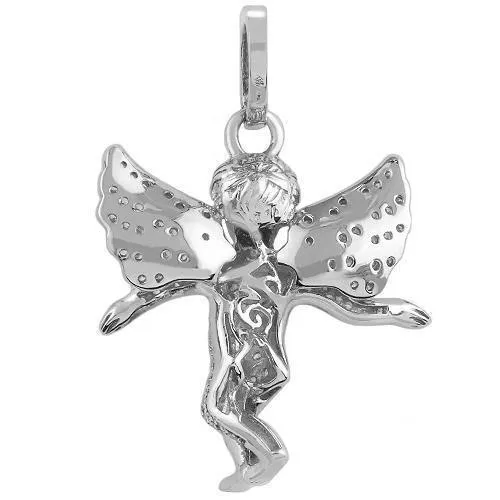 14K White Solid Gold Diamond Angel Pendant 1.00 Ctw