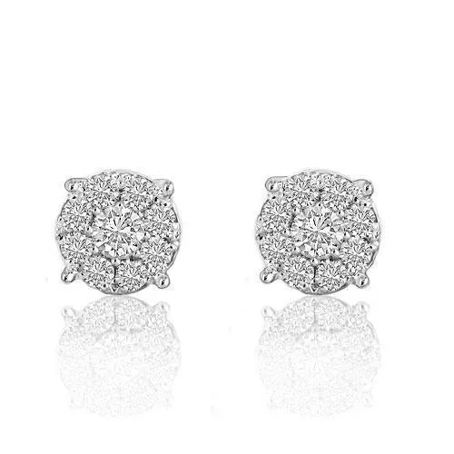 14K White Solid Gold Round Cut Diamond Cluster Earrings 0.81 Ctw