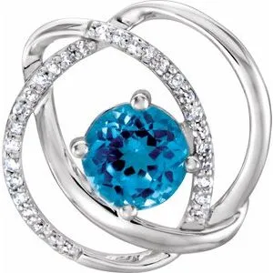 14K White Swiss Blue Topaz and 1/10 CTW Diamond Pendant