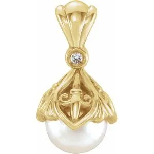 14K Yellow 7-7.5 mm Freshwater Cultured Pearl & .02 CTW Diamond Fleur-de-lis Pendant