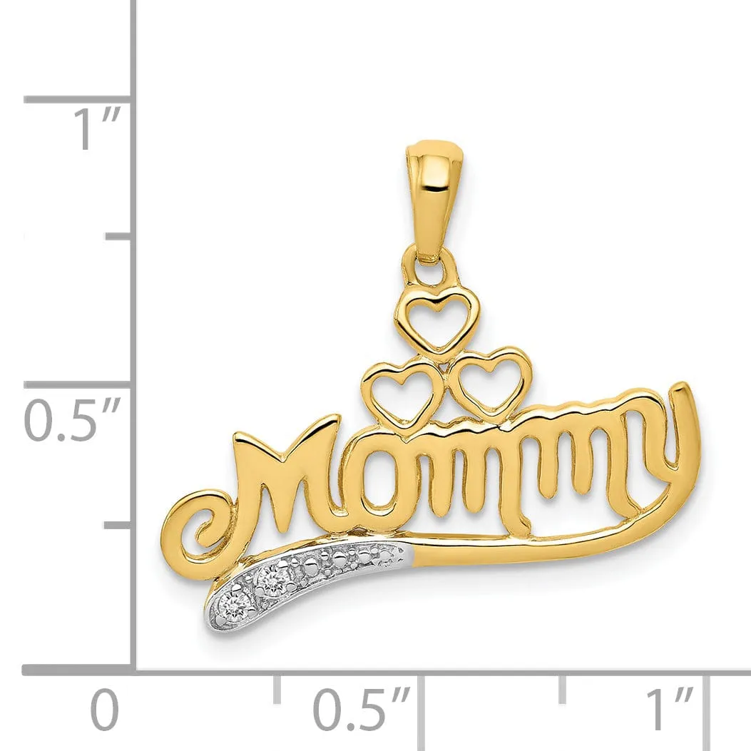 14k Yellow Gold .02-ct Diamond Script MOMMY Triple Heart Design Pendant
