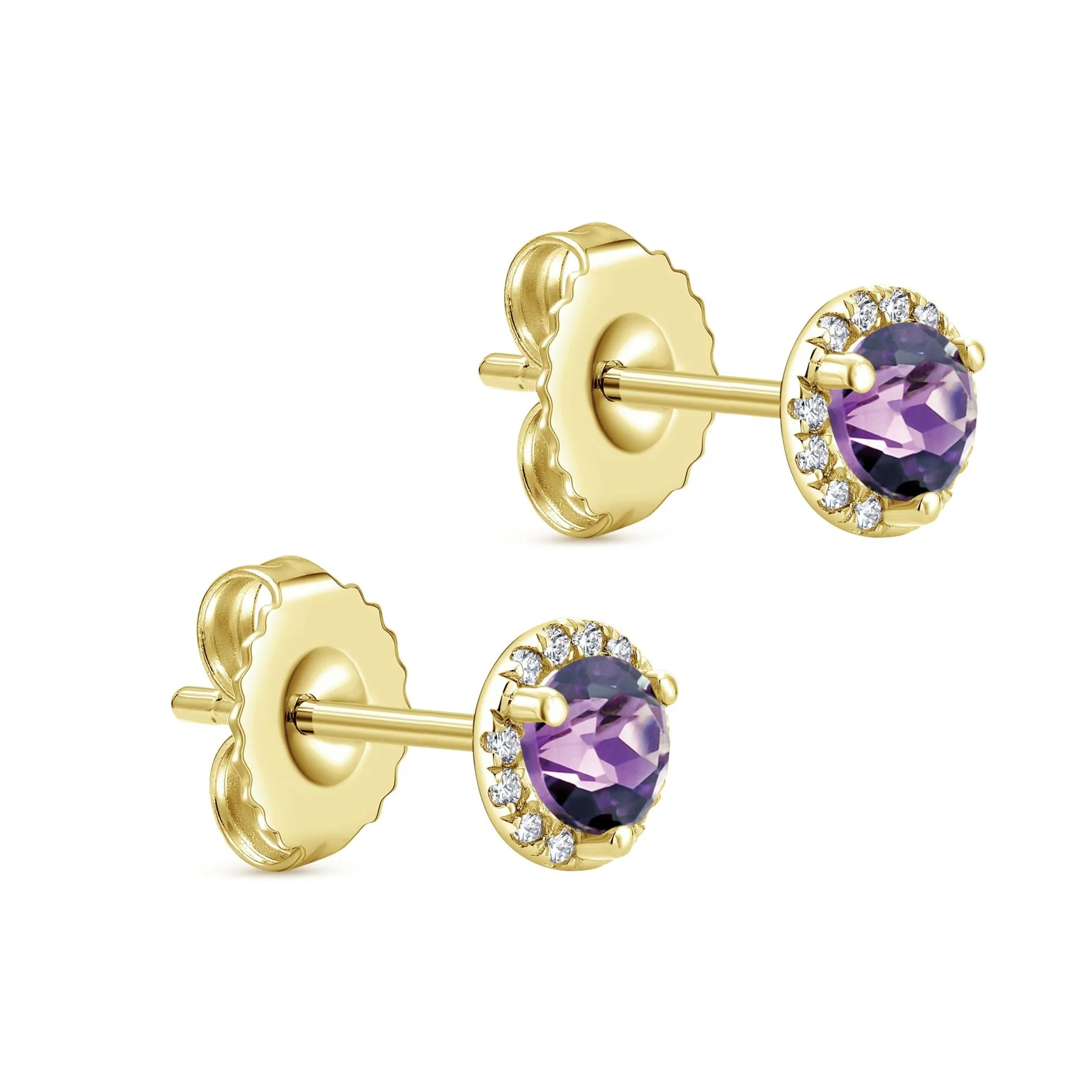 14K Yellow Gold Diamond and Amethyst Stud Earrings