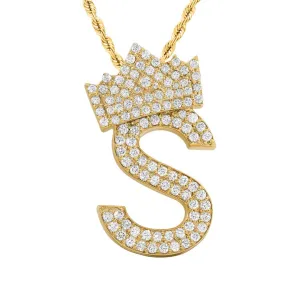 14K Yellow Gold Diamond Initial S Pendant with Crown 2.25 Ctw