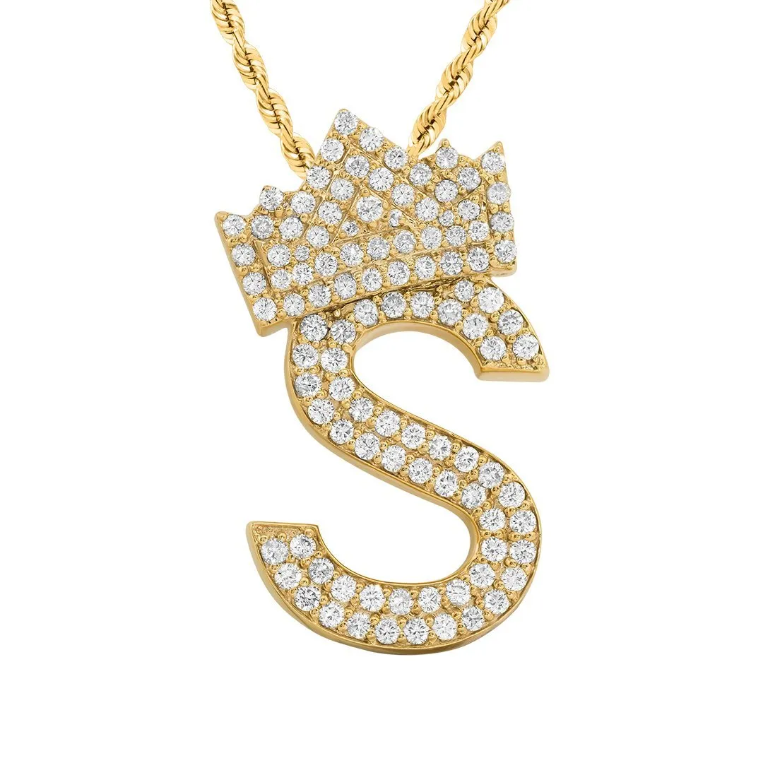 14K Yellow Gold Diamond Initial S Pendant with Crown 2.25 Ctw