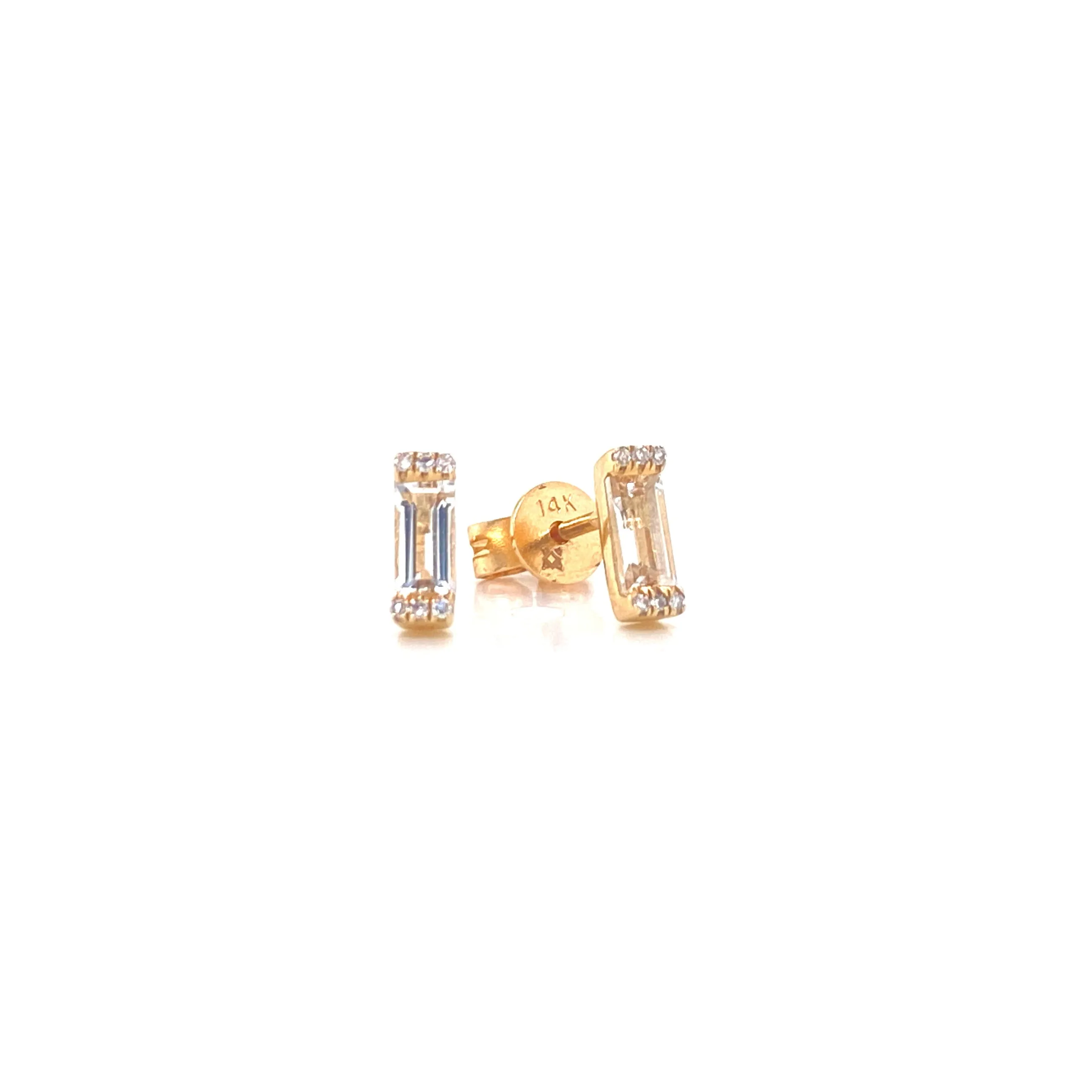 14K Yellow Gold Diamond   White Topaz Baguette Earrings