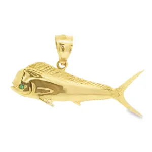 14k Yellow Gold Double Sided 3D Mahi Mahi With Emerald Eyes Pendant