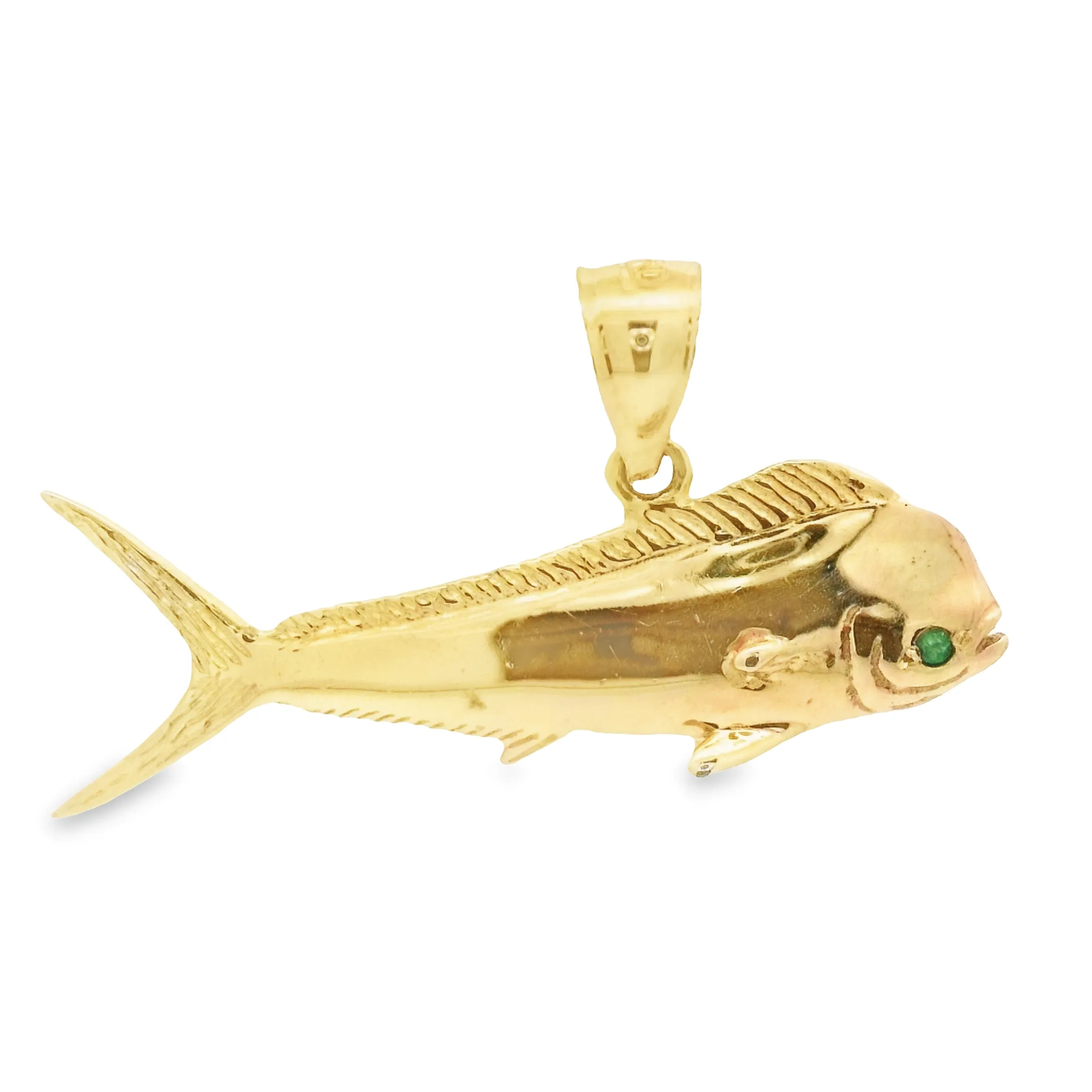 14k Yellow Gold Double Sided 3D Mahi Mahi With Emerald Eyes Pendant