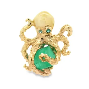 14k Yellow Gold Large Octopus Holding Emerald Pendant