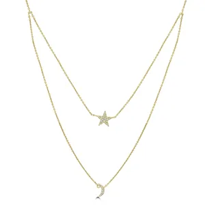 14K Yellow Gold Layered Necklace with Diamond Moon & Star Pendants