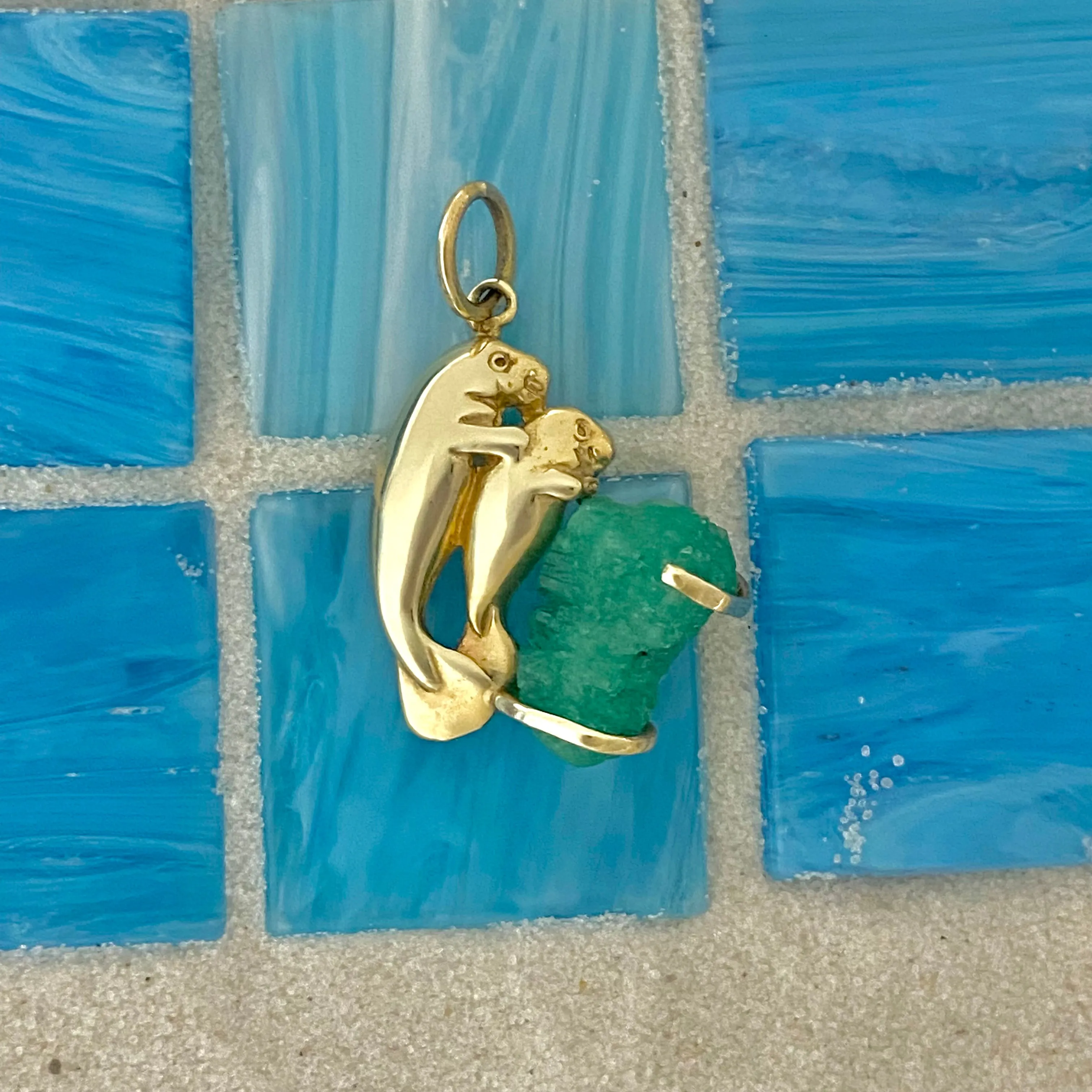 14k Yellow Gold Mom And Baby Manatee With Large Rough Emerald Pendant